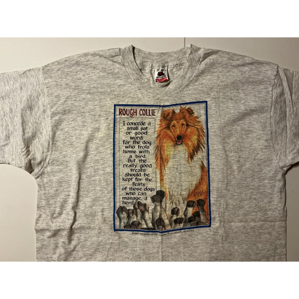 VTG USA Made Collie Dog Art T Shirt Ash Gray Single Stitch 90s Lassie Unsex XL - Picture 5 of 7
